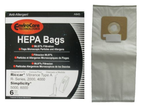 6 Riccar 2000 4000 Simplicity 5000 6000 HEPA Type A Upright Vacuum Cleaner Bags Bernina, Fuller Brush, Panasonic, Belvedere