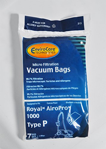 ROYAL Canister Type P Canister Vacuum Cleaner Bags, EnviroCare Replacement Brand, Designed to fit AiroPro 1000 Canister Vacuum Cleaners, 99.7 Microfiltration, 7 Bags & 1 Filter in Pack